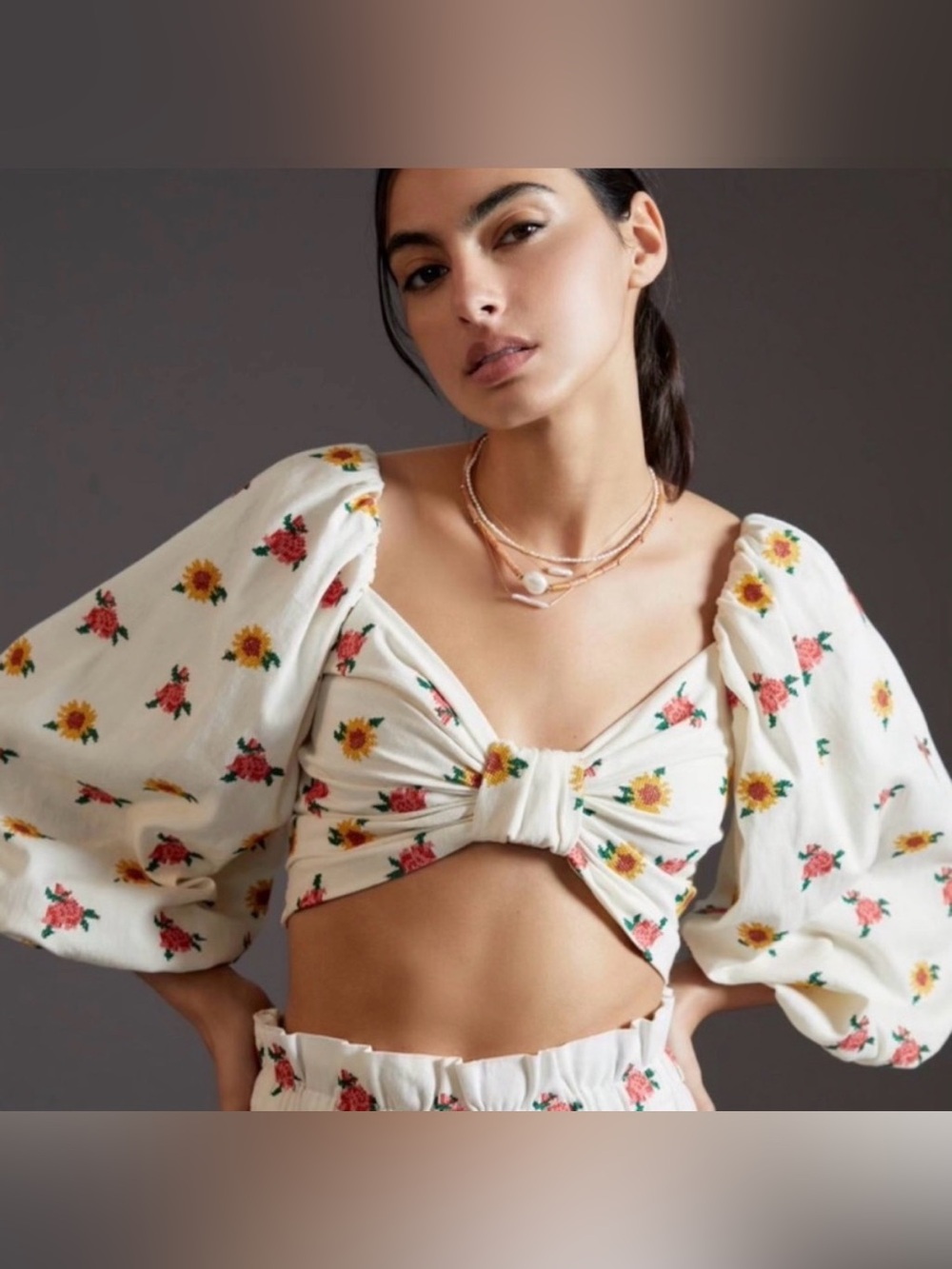 FARM Rio White Floral Tie-Front Puff-Sleeve Crop Top